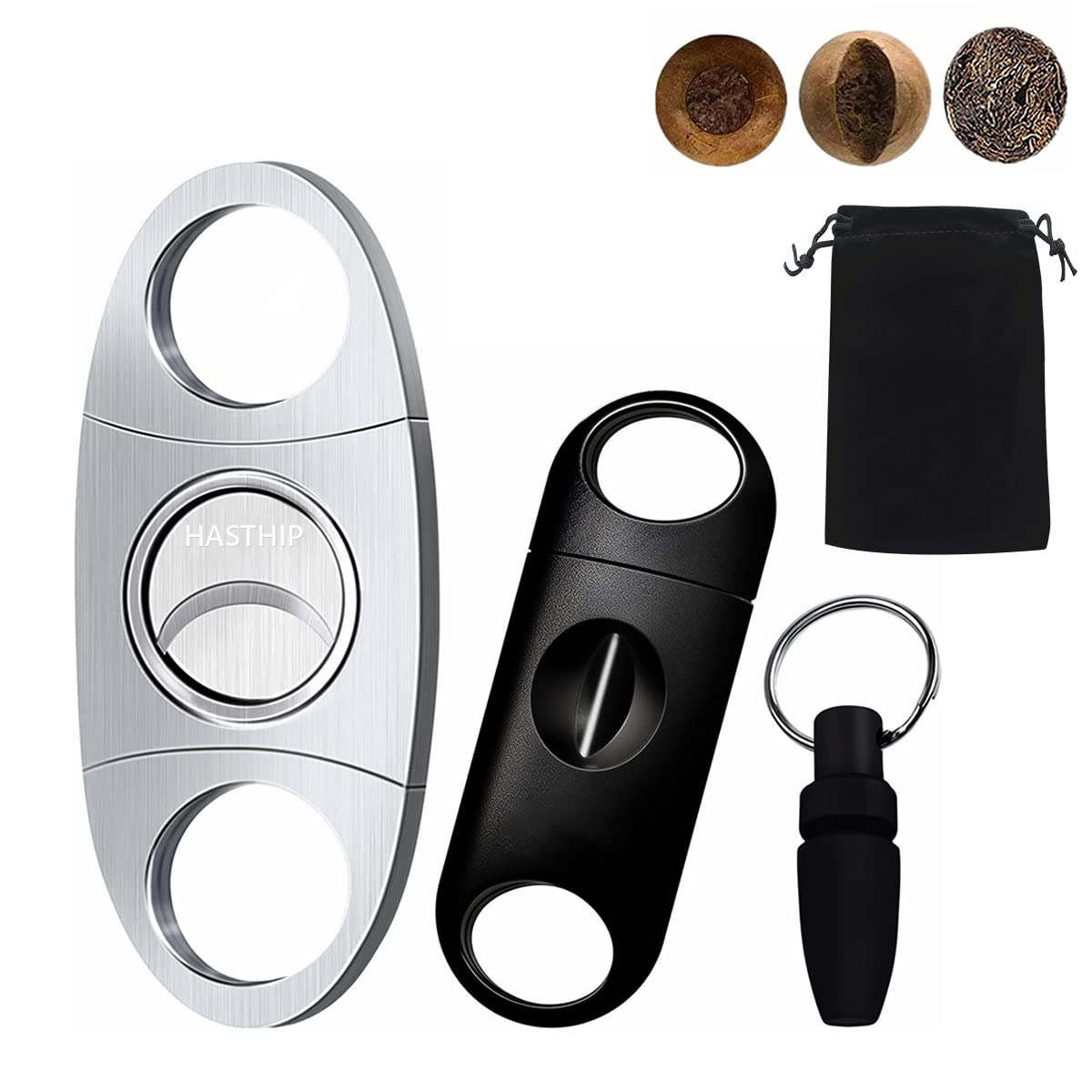 HASTHIP 3PCS Cigar Cutter Set, Stainless Steel V-Cut Cigar Cutter & Cigar Punch for Most Size of Cigars, Portable Pocket Cigar Tool with Bag, Perfect Combo of Cigar Accessories for Men HASTHIP 3PCS Cigar Cutter Set, Stainless Steel V-Cut Cigar Cutter & Cigar Punch for Most Size of Cigars, Portable Pocket Cigar Tool with Bag, Perfect Combo of Cigar Accessories for Men
